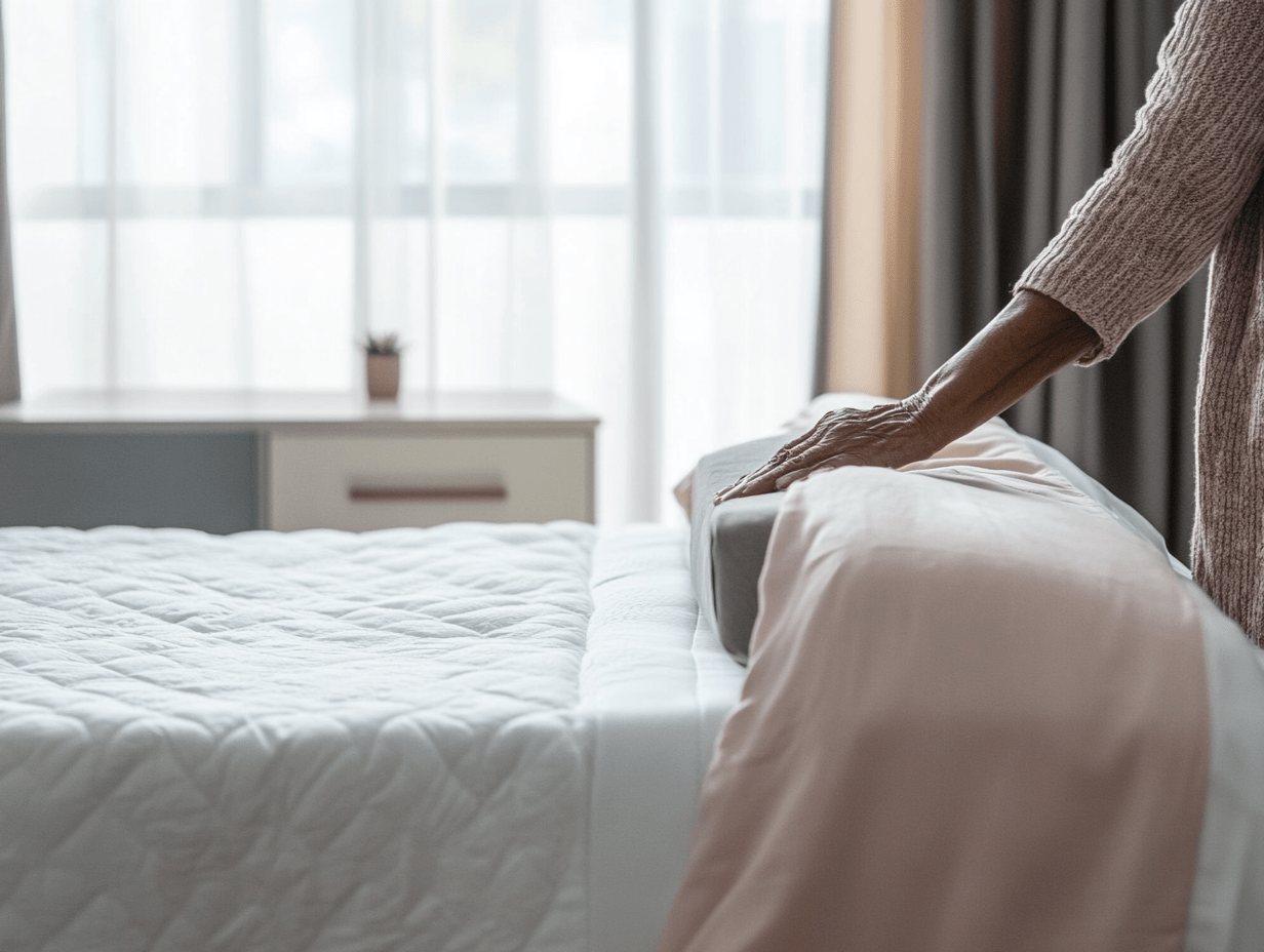 A person adjusting pillows on a neatly made bed with white bedding and a folded beige duvet. A nightstand with a small potted plant is next to the bed, and large windows with sheer curtains are in the background. This specific bed type offers various health benefits, especially for seniors seeking comfort. | Bed For Seniors